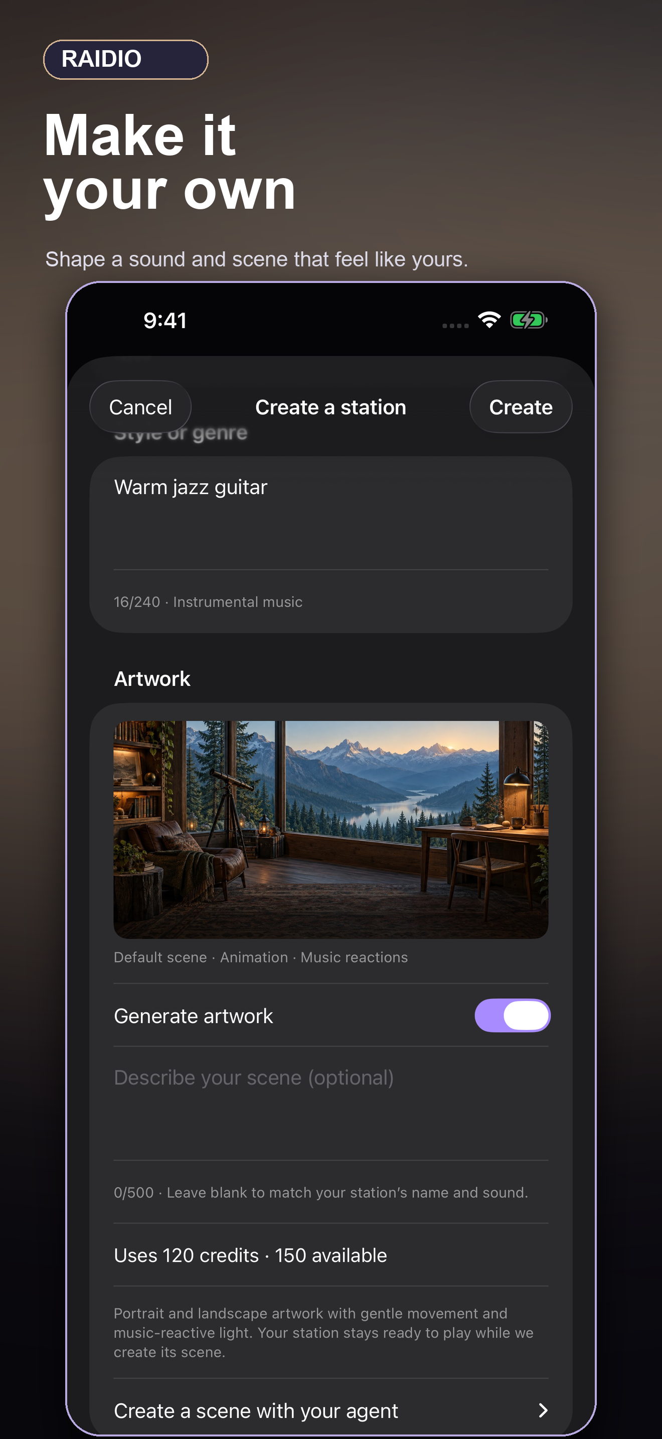 Create a station with a sound description and artwork options